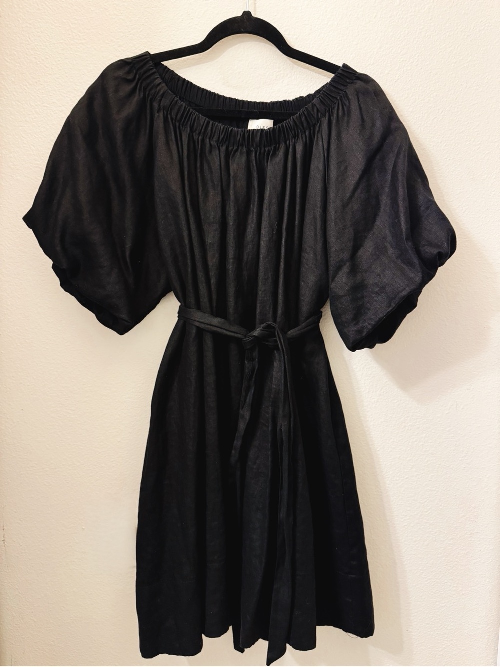 DISSH Pip Linen Black Off-Shoulder Belted Dress